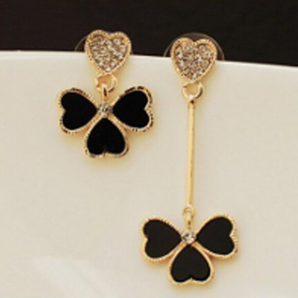 Gold Tone and Enamel Offset Heart and Clover Earrings - Picture 1 of 1